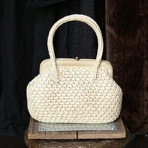 Vtg 50s 60s Cream Off-White Plastic Straw Woven Handbag Purse